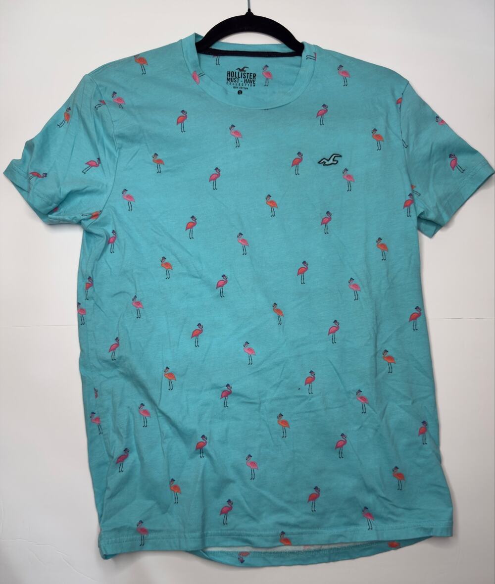 Hollister Mens S Flamingo Print T Shirt Aqua Blue Tropical Must-Have